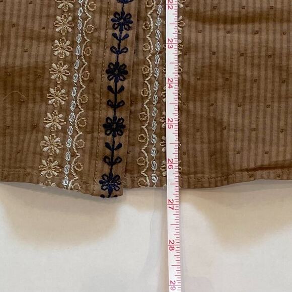 J. Jill Cotton Brown Embroidered Floral Swiss Dot Button Down Peasant Blouse S - Picture 14 of 14